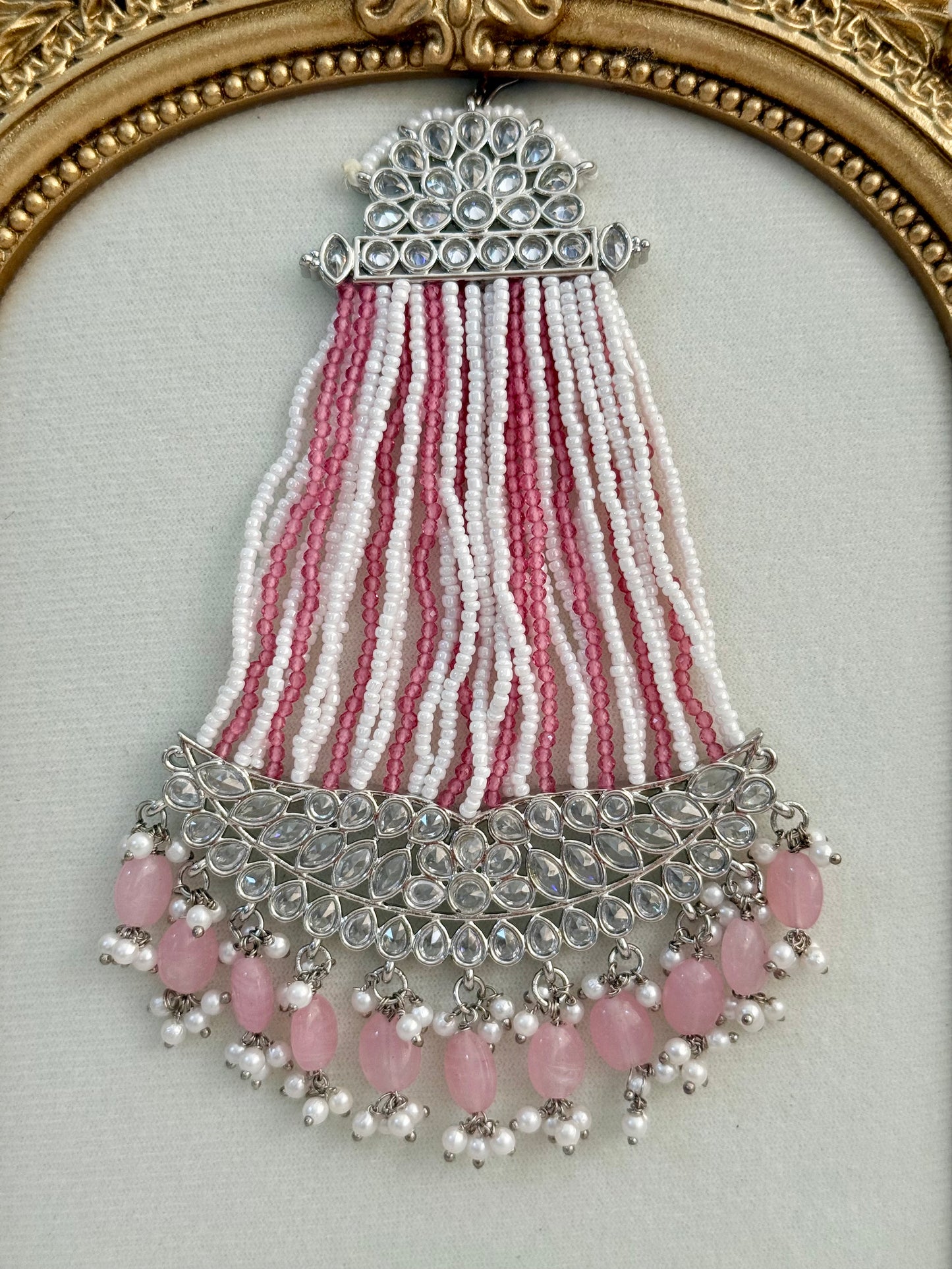 Ayura Designs Ash Jhoomar Passa – Blush Pink Beads with Mirror Cut Stones & Silver Finish