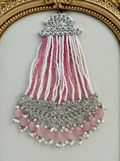 Ayura Designs Ash Jhoomar Passa – Blush Pink Beads with Mirror Cut Stones & Silver Finish