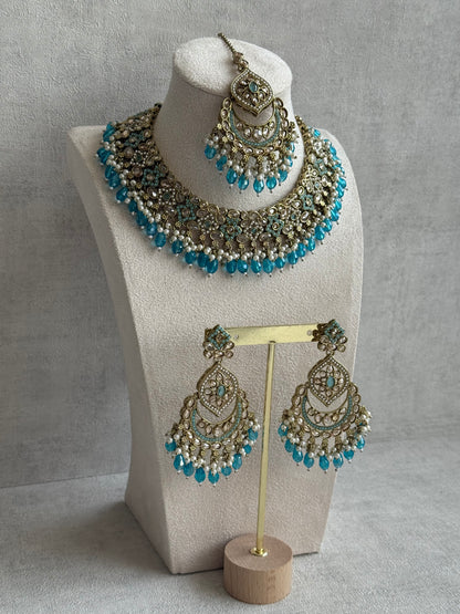 Ayura Designs Azka Set – Necklace, Earrings & Tikka with Turquoise Blue Beads, Ivory Pearls & Champagne Gold Finish
