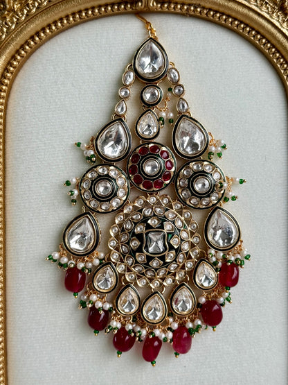 Ayura Designs Suhana Jhoomar Passa – Kundan Jhoomar with Ruby Red Drops, Pearl Detailing & Green Bead Accents