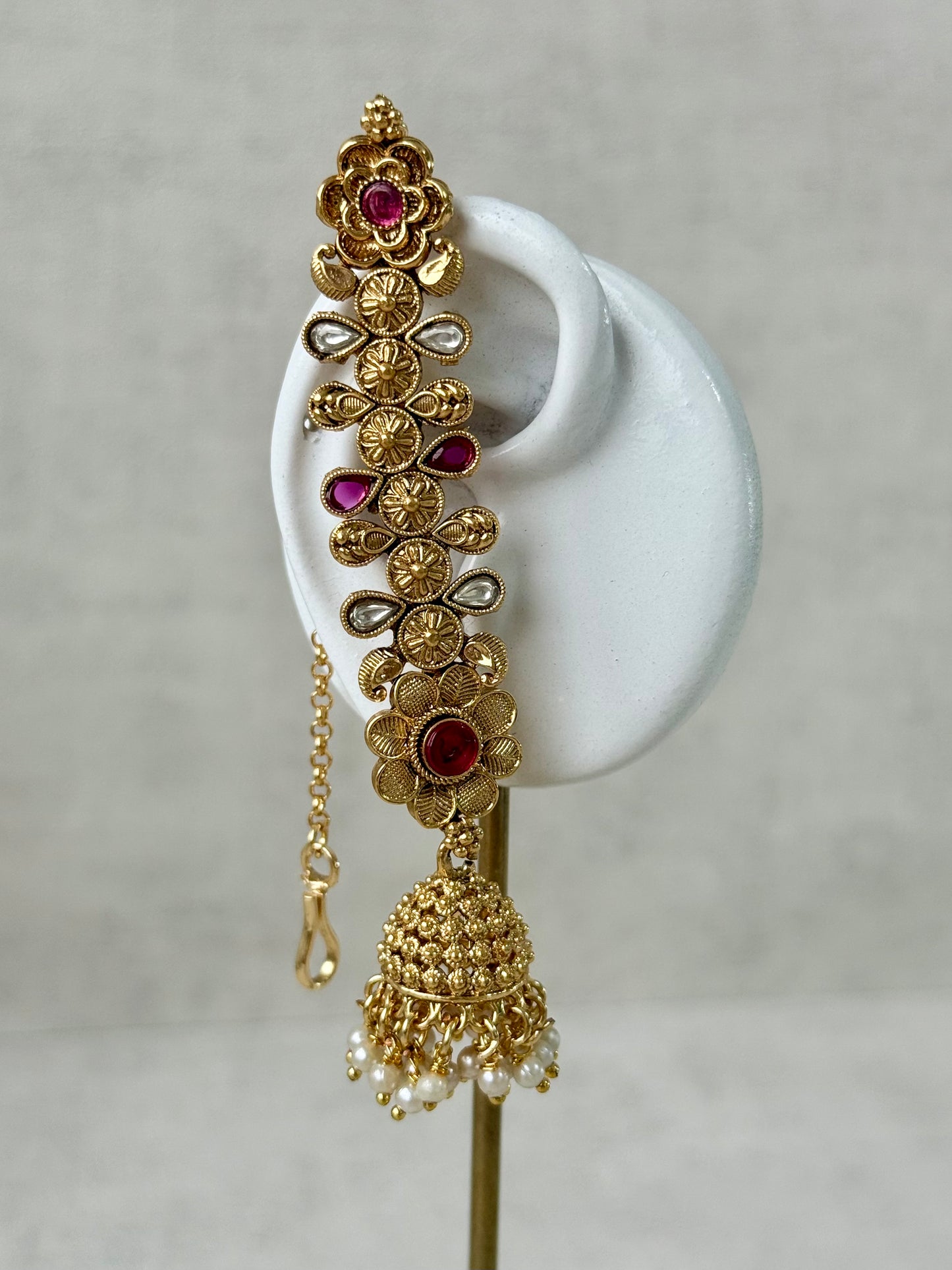Ayura Designs Keerti Jhumkis – Antique Gold Kannauti Earrings with Ruby Pink Stones, Mirror-Cut Detailing & Pearl Drops