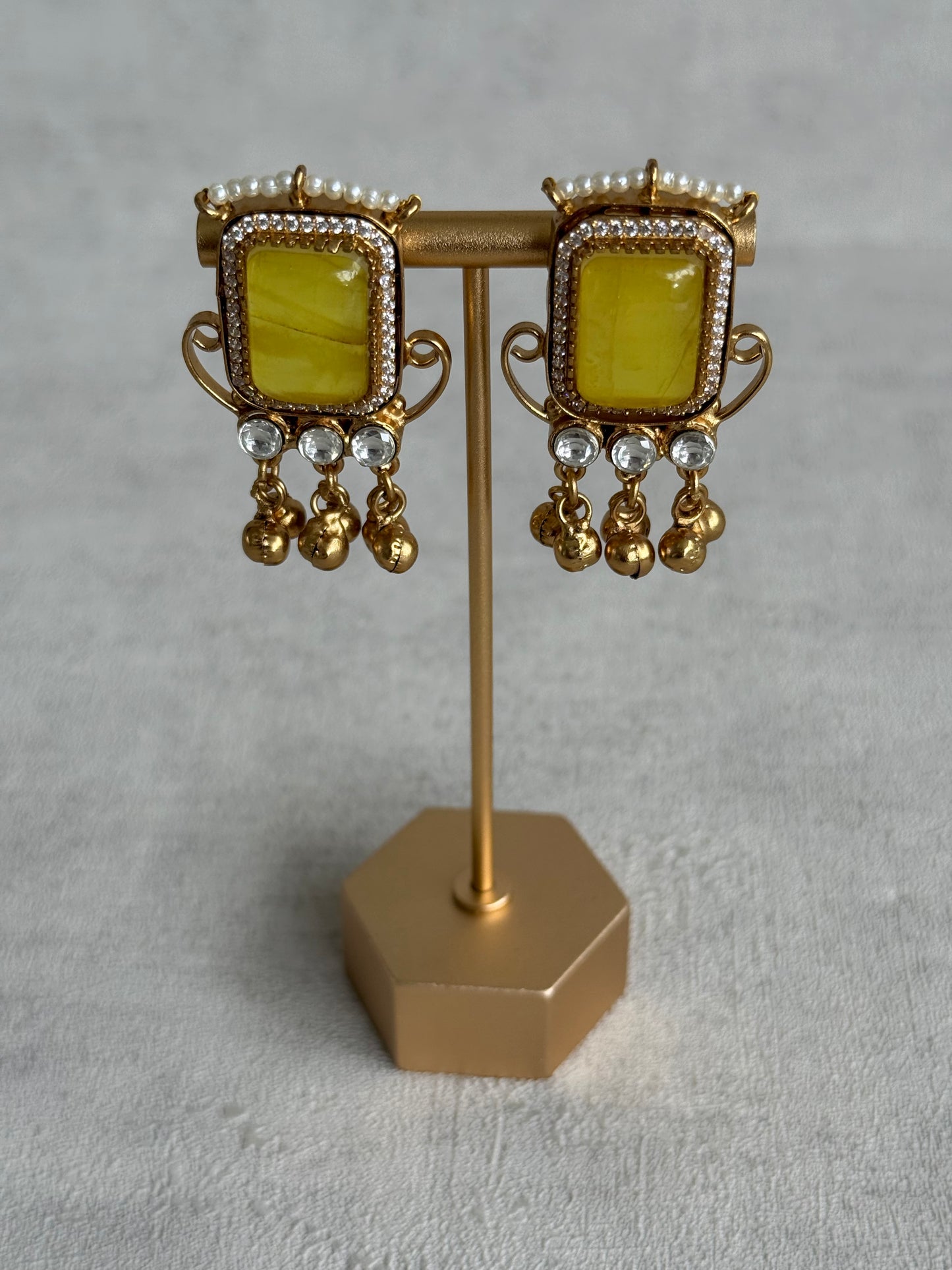 Ayura Designs Aleena Earrings – Marigold Stone Stud Earrings with Pearls & Ghungroo Detailing