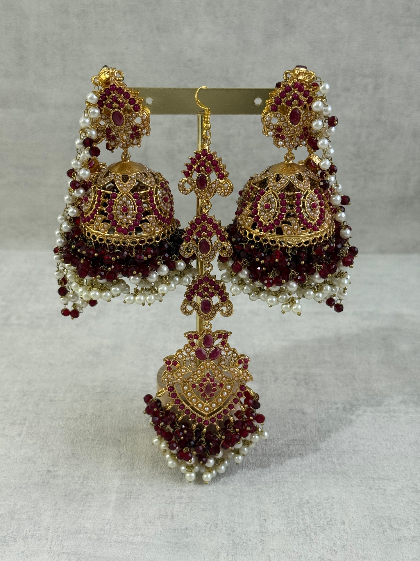 Ayura Designs Noor Set – Choker, Jhumkis with Sahare & Tikka in Maroon with Pearl Detailing