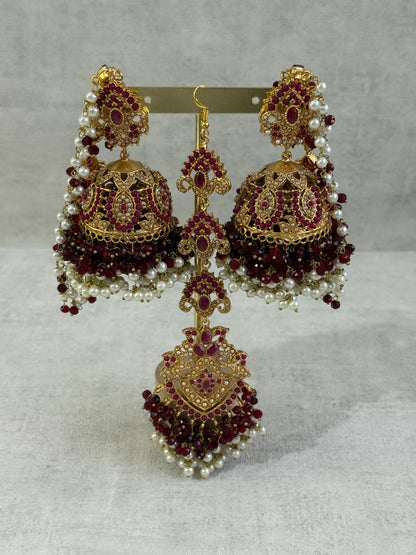 Ayura Designs Noor Set – Choker, Jhumkis with Sahare & Tikka in Maroon with Pearl Detailing