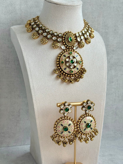 Ayura Designs Zayna Set with Necklace & Earrings – Ivory Meenakari with Emerald Green Stones