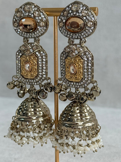 Ayura Designs Maara Jhumkis – Champagne Gold with Champagne Stones, Crystals, Ghungroos & Pearl Detailing