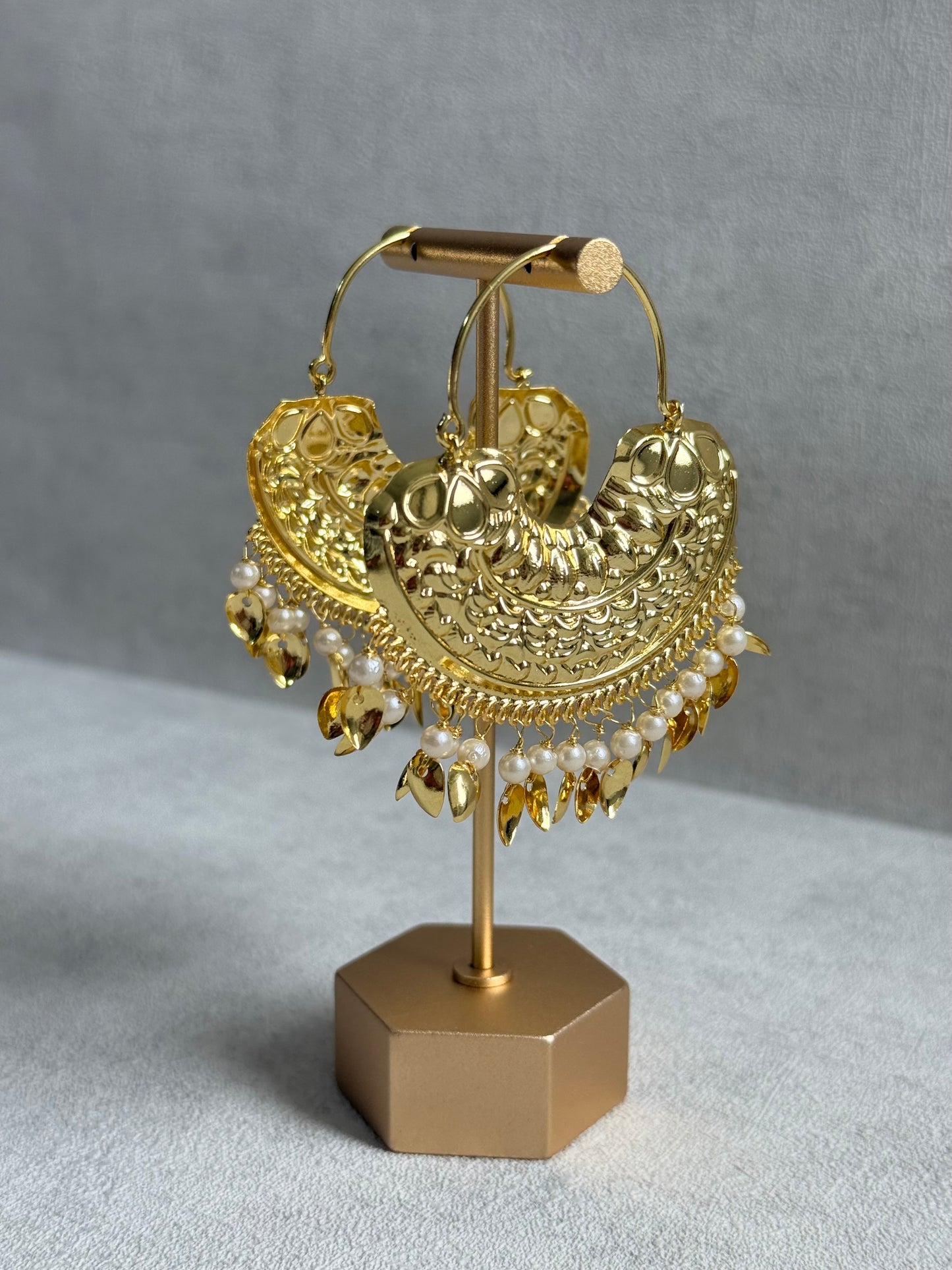 Ayura Designs Surkhab Balis – Pippal Patti Statement Earrings with Pearls & Gold Leaf Charms