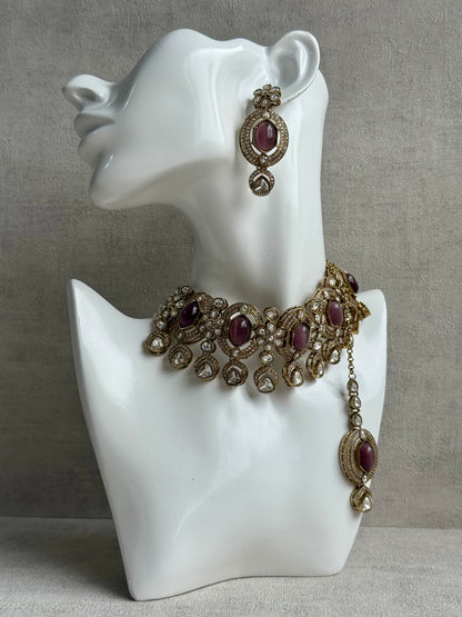 Ayura Designs Emanya Choker Set – Choker, Earrings & Tikka with Mirror-Cut Stones, Plum Mauve & Antique Gold Detailing