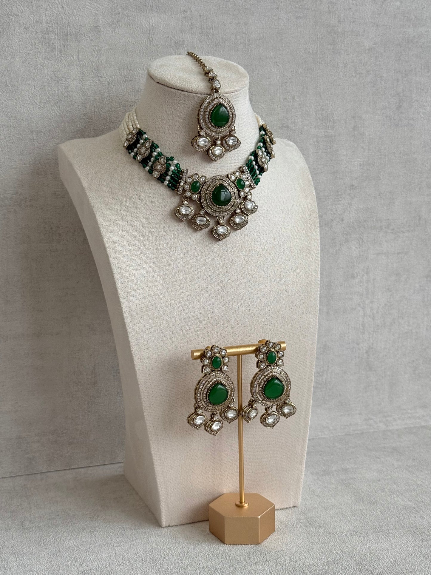 Ayura Designs Rahi Necklace Set with Earrings & Tikka – Emerald Green Stones with Mirror-Cut Detailing & Pearl Strands