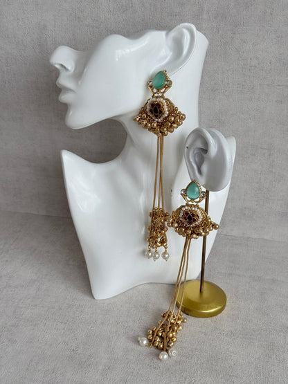 Ayura Designs Nishat Earrings – Kashmiri Duster Earrings with Mint Green Stones, Pearl Drops & Ghungroo Detailing