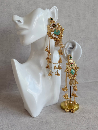 Ayura Designs Simal Earrings – Kashmiri Earrings with Mint Stone, Multicoloured Detailing, Layered Ghungroo Chains & Jhumkis