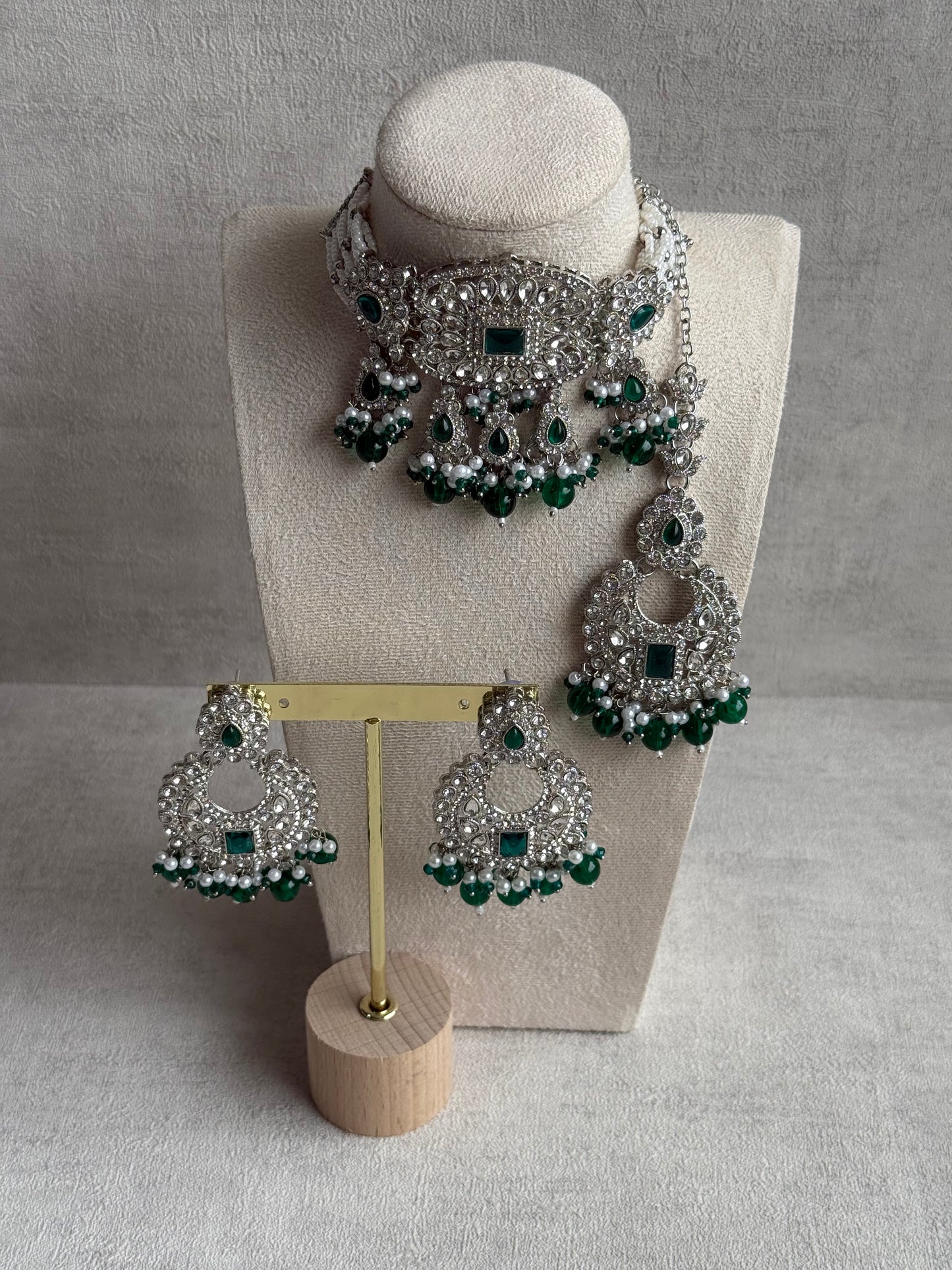 Ayura Designs Nandhini Set – Choker, Earrings & Tikka with Emerald Green Stones, Pearls & Silver Finish