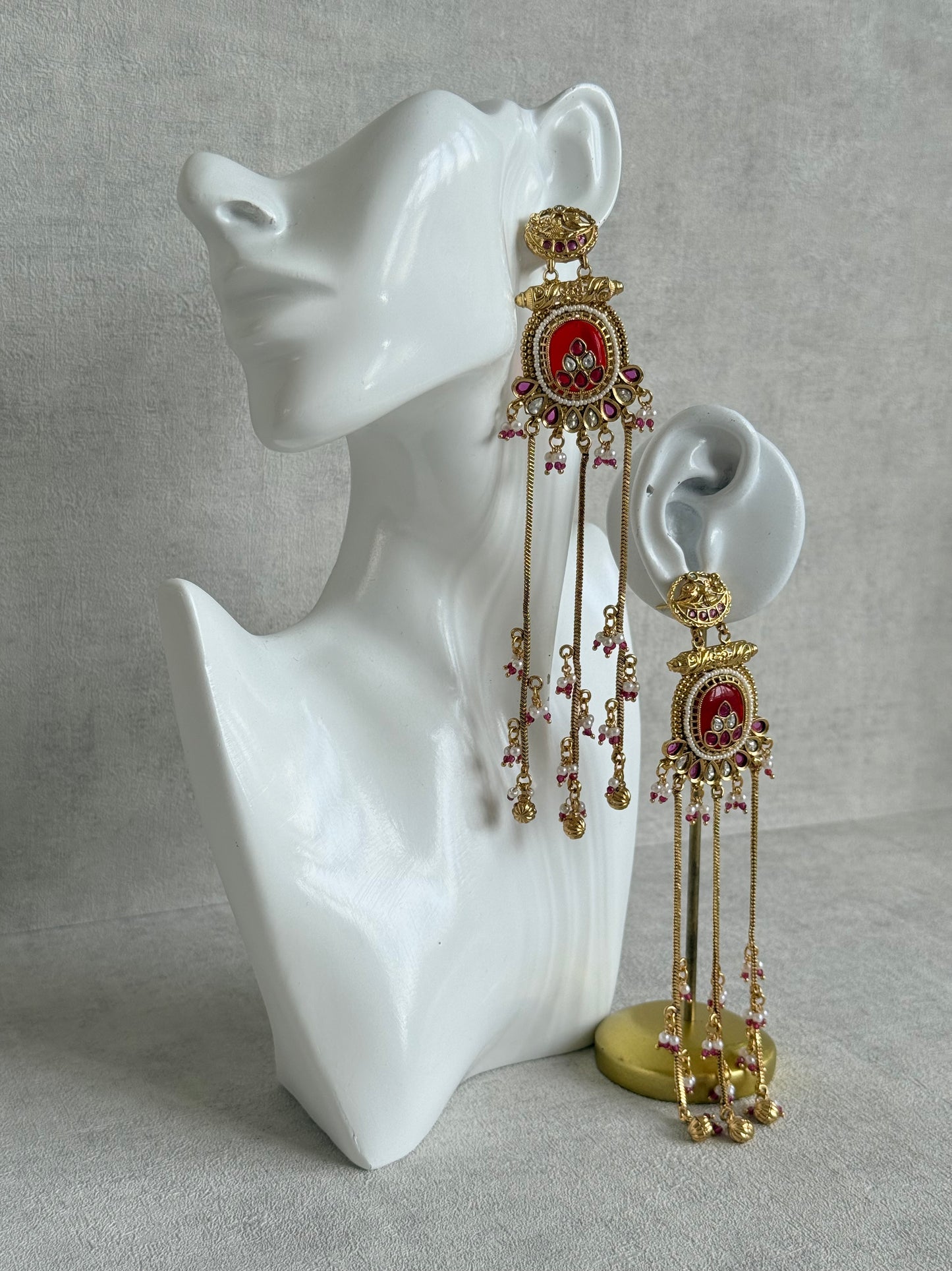 Ayura Designs Kaveri Earrings – Gold Long Chain Drop Earrings with Kundan, Pearls & Ghungroo Detailing – Ruby Red