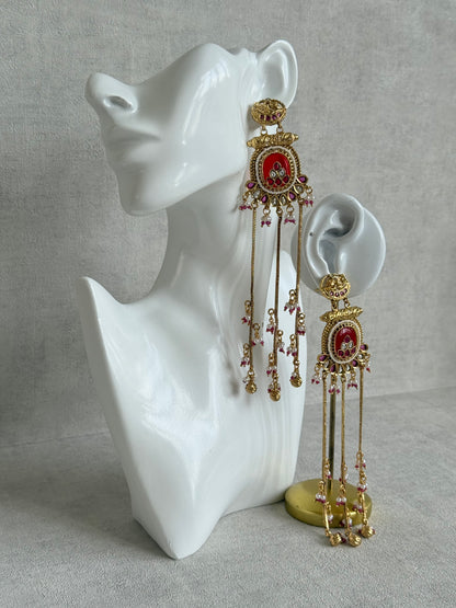 Ayura Designs Kaveri Earrings – Gold Long Chain Drop Earrings with Kundan, Pearls & Ghungroo Detailing – Ruby Red