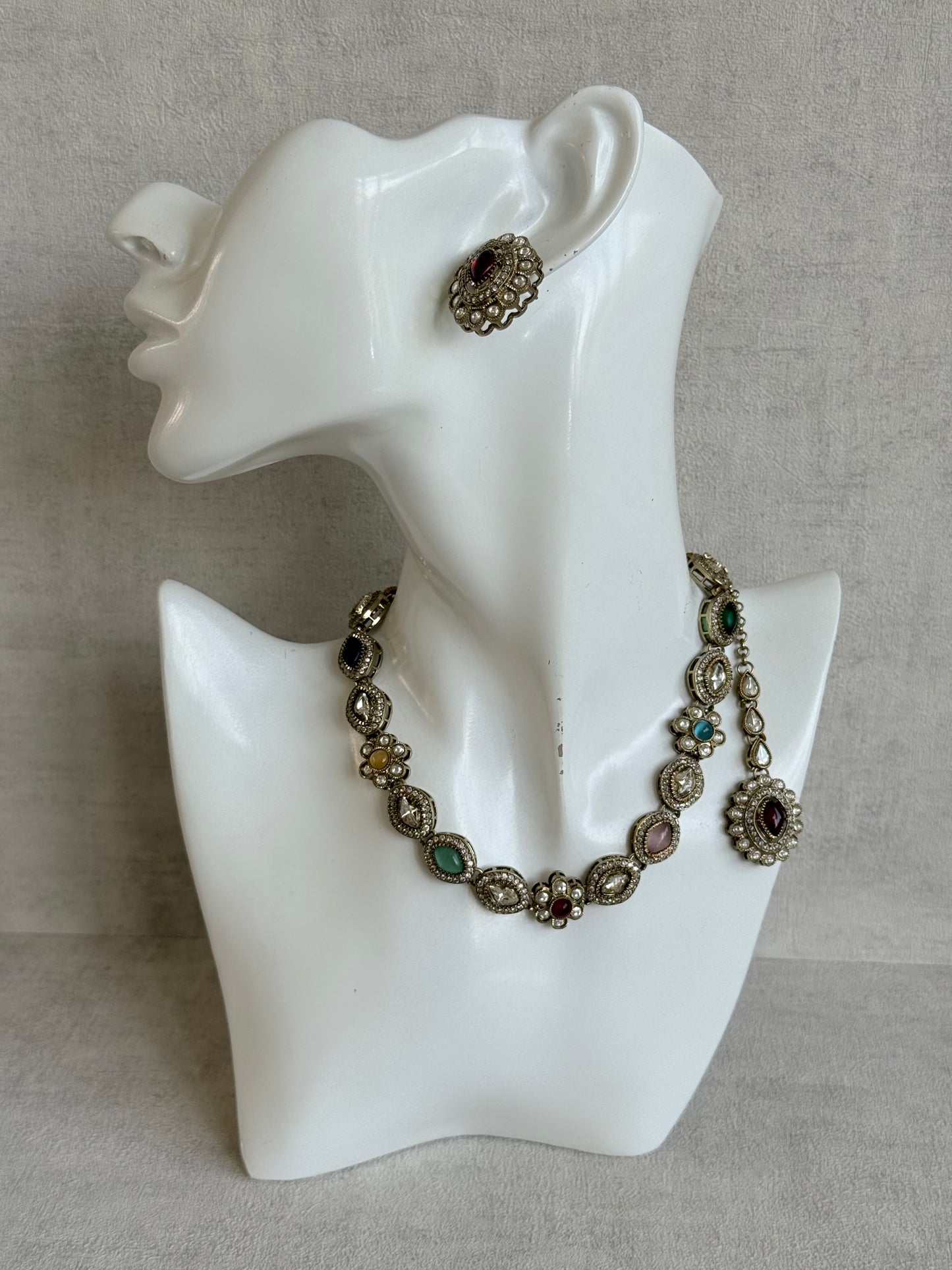 Ayura Designs Ivy Necklace Set with Studs & Tikka – Multicolour Kundan Detailing