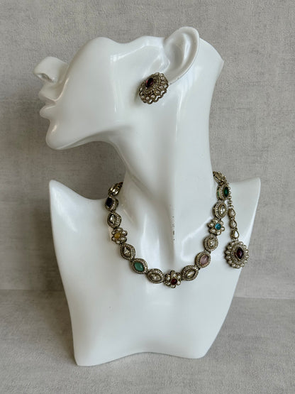 Ayura Designs Ivy Necklace Set with Studs & Tikka – Multicolour Kundan Detailing