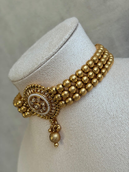 Ayura Designs Kavish Choker Set – Antique Gold Choker with Jhumkis in Champagne Stones & Pearl Detailing