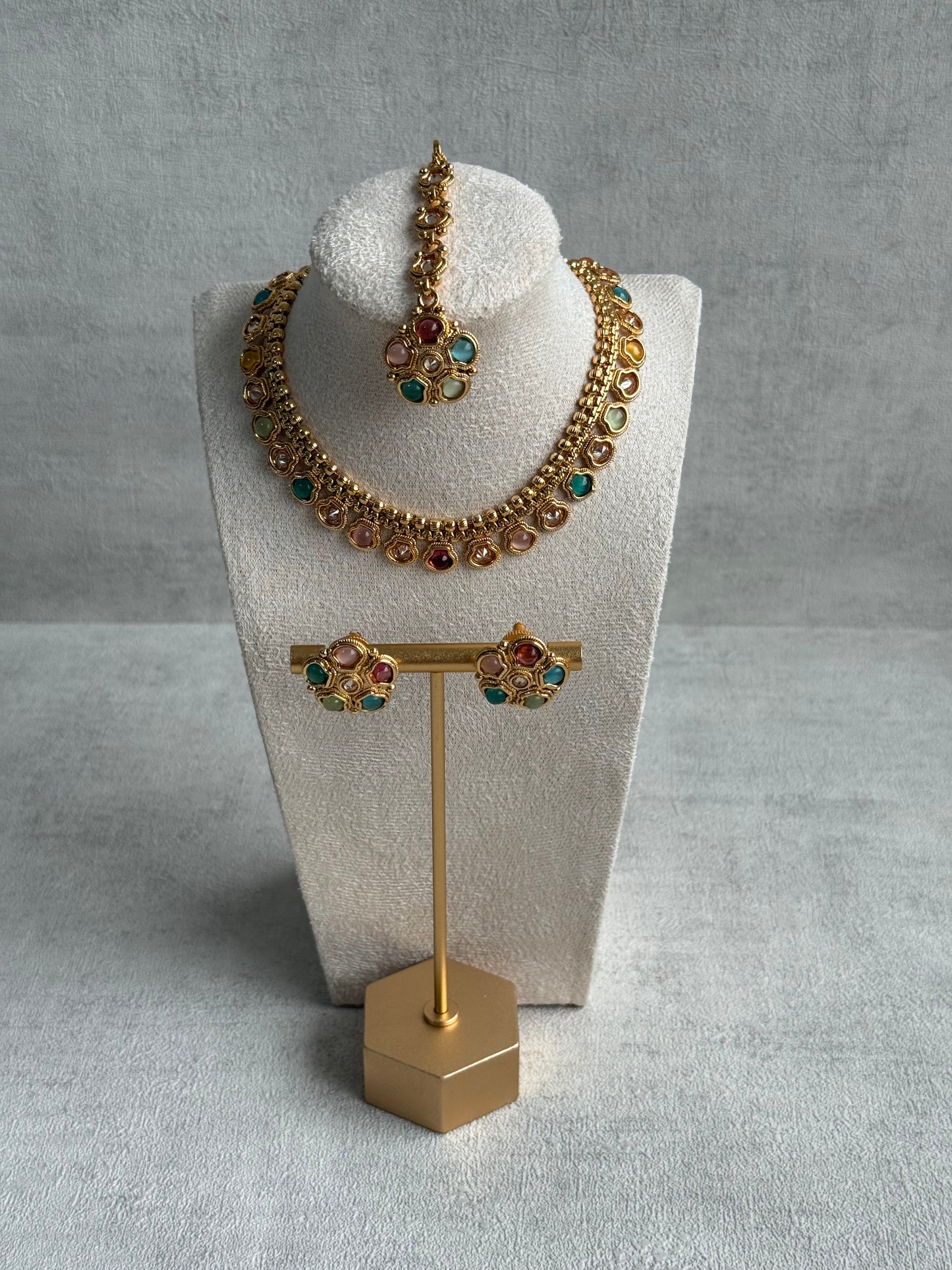 Ayura Designs Amala Set with Necklace, Studs & Tikka – Multicolour Stones & Antique Gold Finish