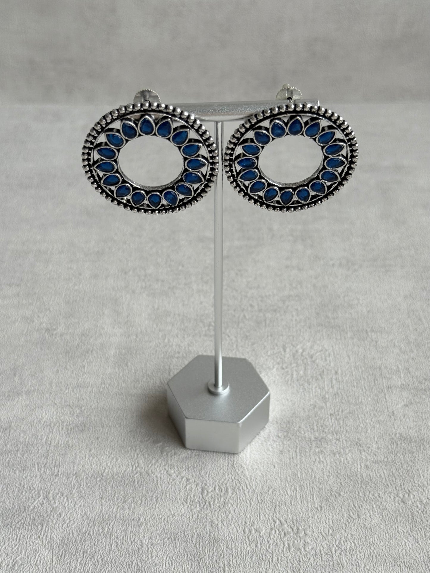 Ayura Designs Kesar Studs – Statement Oxidised Stud Earrings with Ink Blue Stones