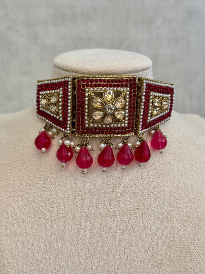 Ayura Designs Rehmat Set – Pearl & Pink Choker with Matching Earrings & Tikka, Adorned with Kundan and Pink Teardrop Beads