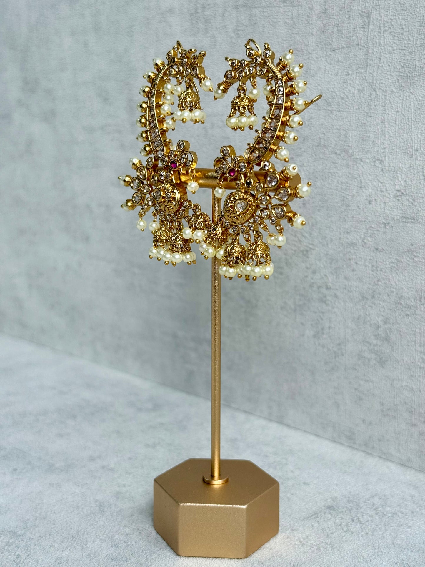 Ayura Designs Megha Half Ear Cuff Earrings – Gold Peacock Motif with Kundan Crystals, Pink Stone Accents & Pearl Jhumka Drops