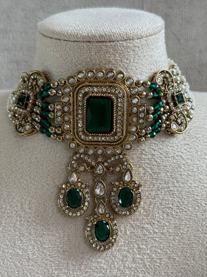 Ayura Designs Nabiha Choker Set with Studs – Emerald Green Stones, Pearl Detailing & Antique Gold Finish