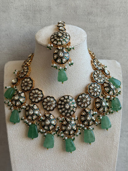 Ayura Designs Sumaira Set with Passa – Necklace, Earrings, Tikka & Passa with Kundan, Green Meenakari Detailing & Jade Green Drops