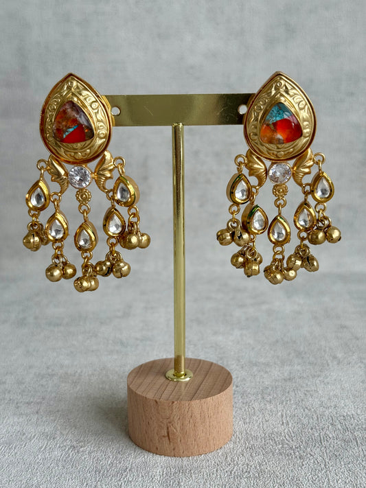 Ayura Designs Arheer Earrings – Orange & Turquoise Marble with Kundan Detailing & Antique Gold Ghungroos
