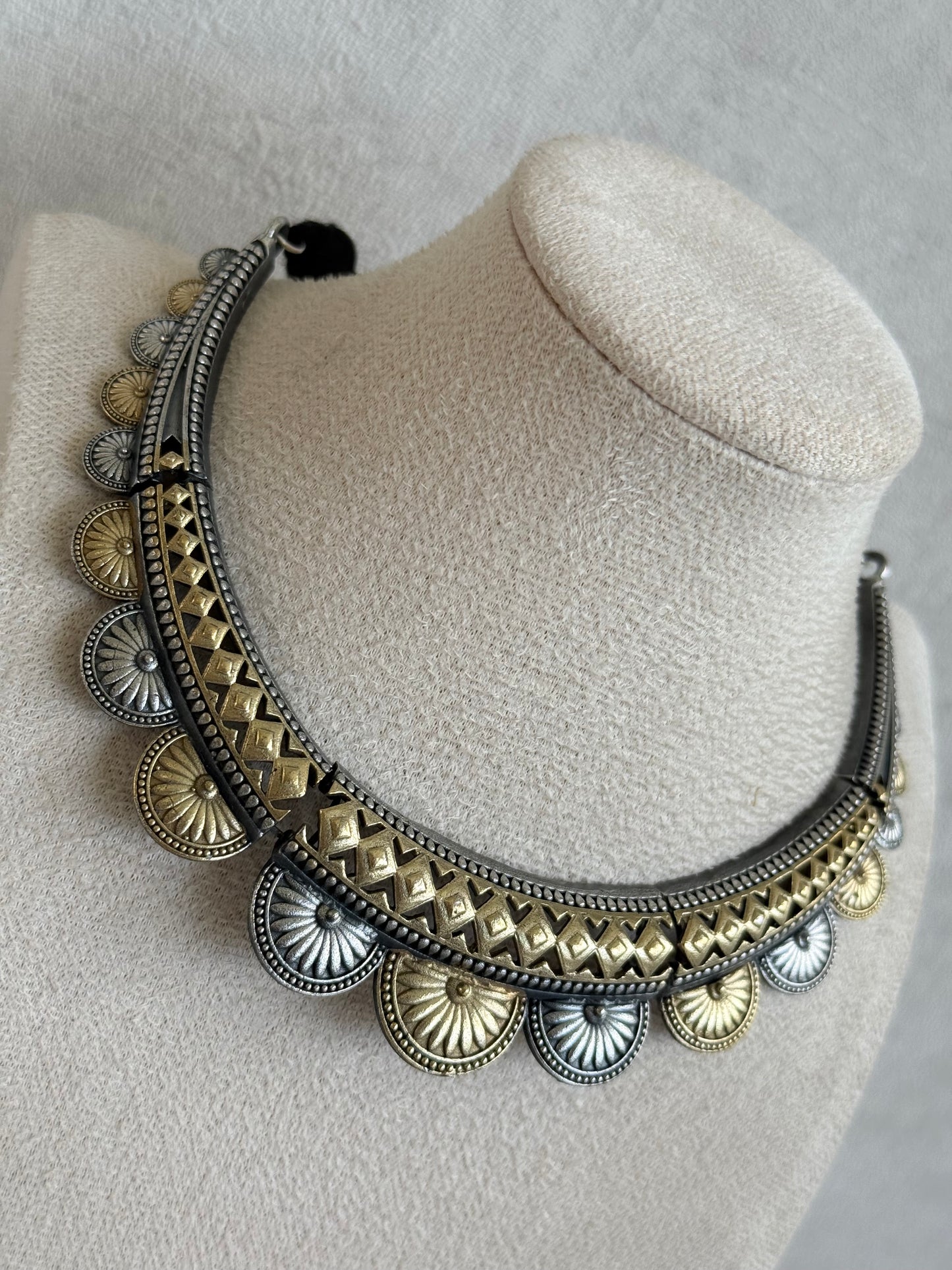Ayura Designs Surmai Necklace Set with Earrings – Dual Tone Oxidised Necklace with Disc Motifs & Geometric Detailing