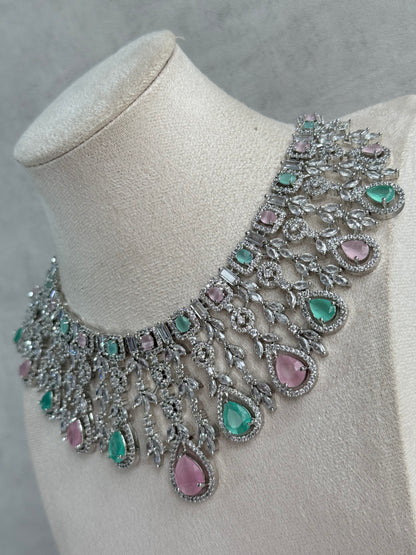Ayura Designs Skye Necklace Set with Earrings – Blush Pink & Mint Green Stones with Crystal Detailing in Silver Finish