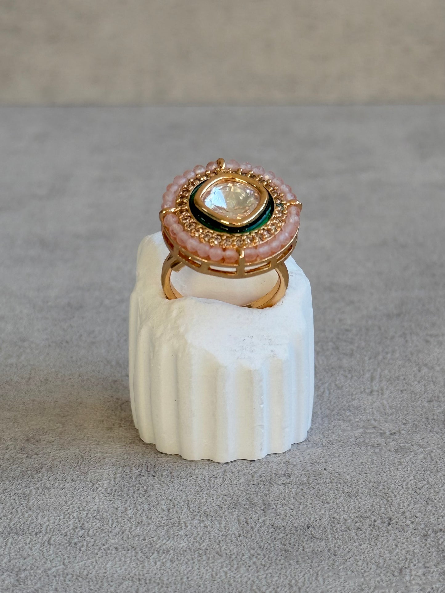 Ayura Designs Roselle Adjustable Ring – Moissanite Centre with Crystal Border & Blush Pink Beads