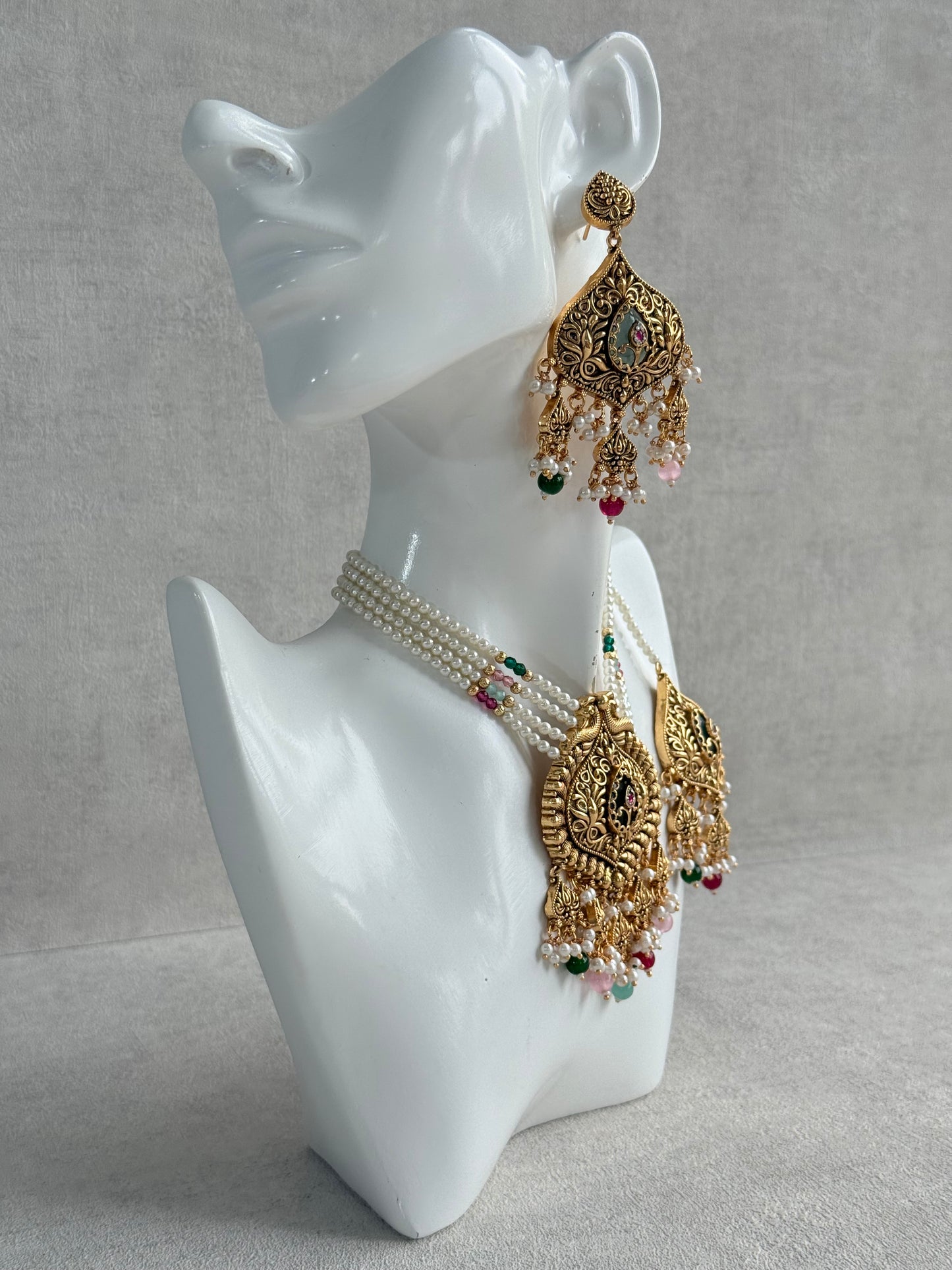 Ayura Designs Afia Necklace Set with Earrings & Tikka – Antique Gold, Multicolour Beads, Green Centre Stone & Peacock Motifs