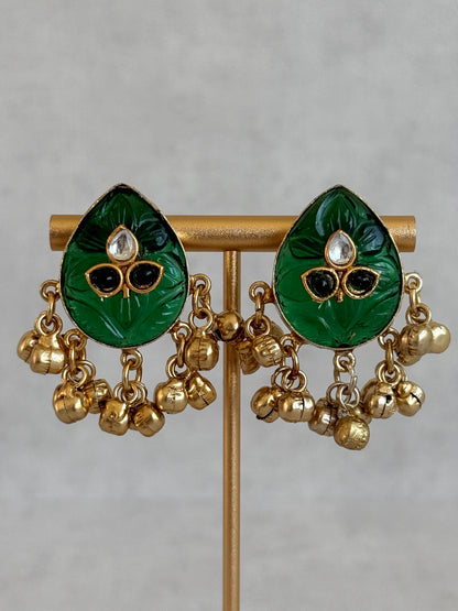 Ayura Designs Aykai Earrings – Emerald Green Carved Teardrop Stud Earrings with Clear Kundan Stones and Gold Ghungroo Drops
