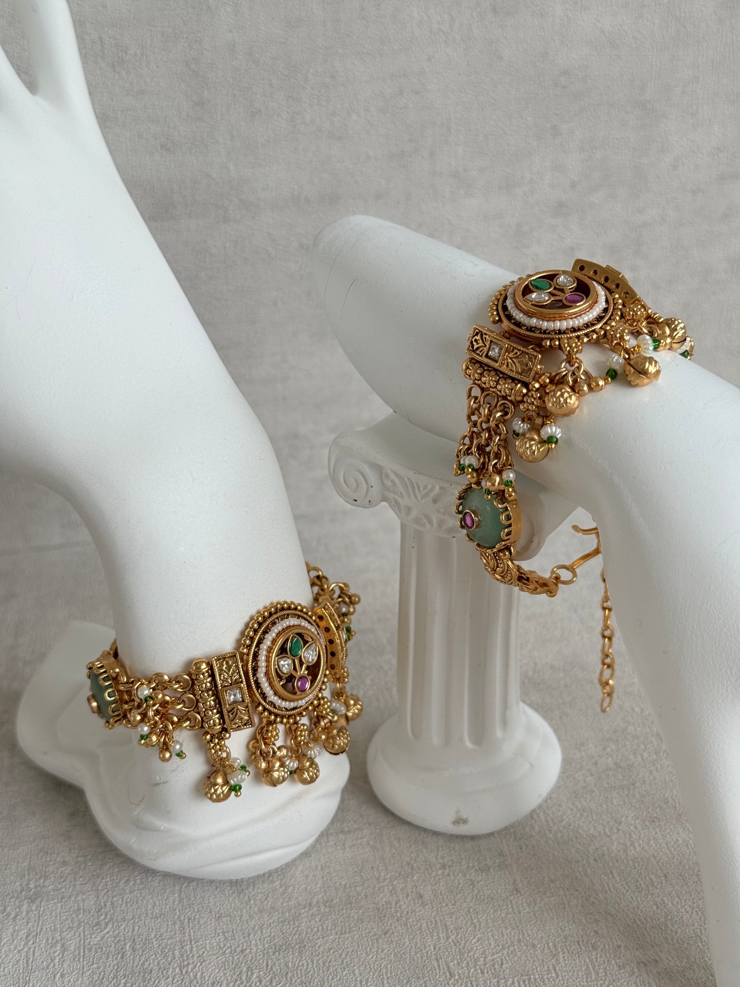 Ayura Designs Pravya Bracelet – Gold Bracelet with Mint, Pink & Green Stones & Ghungroo Detailing