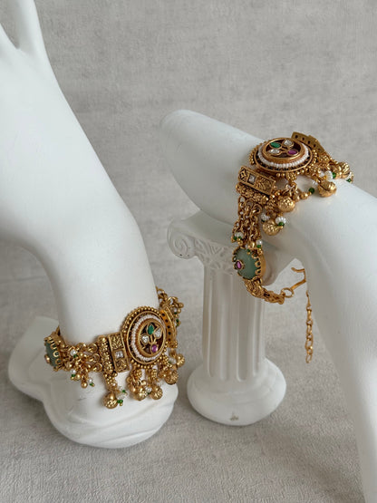 Ayura Designs Pravya Bracelet – Gold Bracelet with Mint, Pink & Green Stones & Ghungroo Detailing