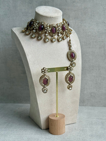Ayura Designs Emanya Choker Set – Choker, Earrings & Tikka with Mirror-Cut Stones, Plum Mauve & Antique Gold Detailing