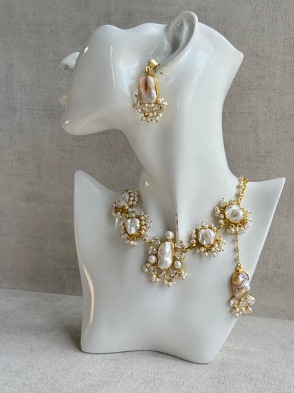 Ayura Designs Niamh Set with Tikka & Earrings - Baroque Pearl, Mother of Pearl & Crystals