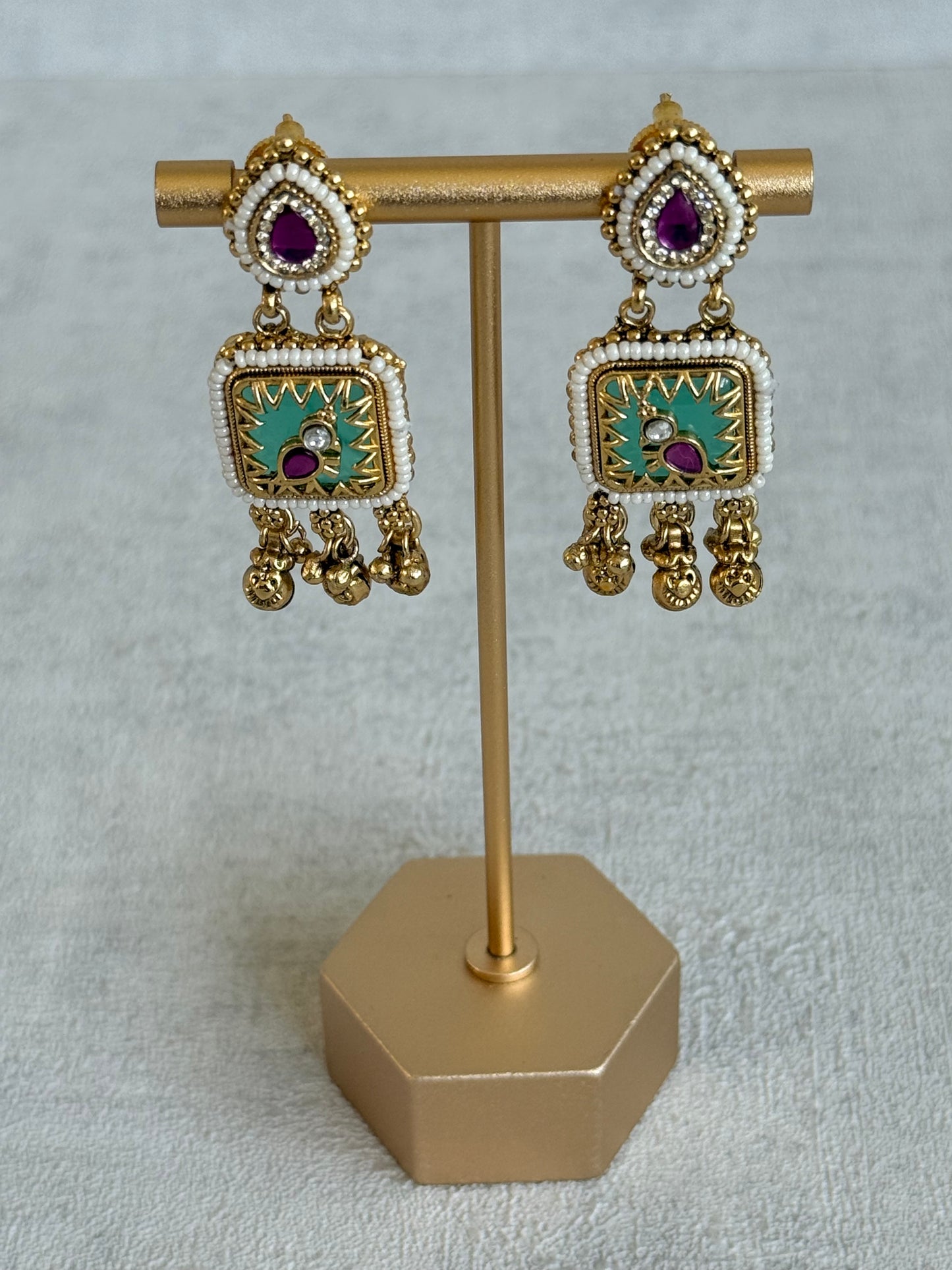 Ayura Designs Inira Drop Earrings – Mint Green Enamel Bird Earrings with Rani Pink Kundan & Ghungroo Drops