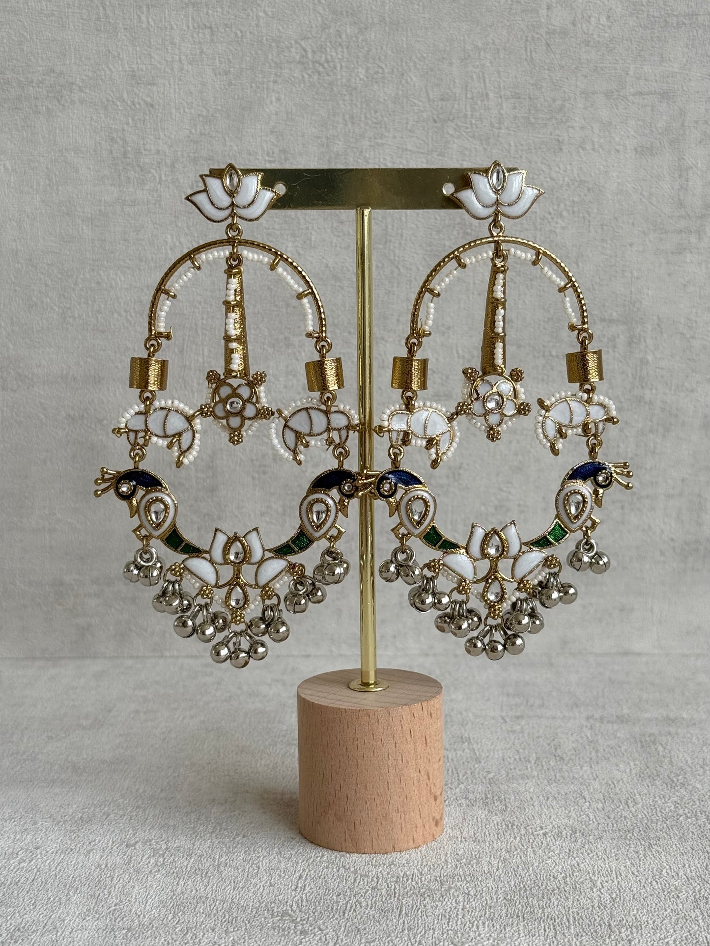 Ayura Designs Zoonpari Earrings – Ivory Pearl, Blue & Green Meenakari Peacock Chandeliers in Dual Tone with Ghungroos
