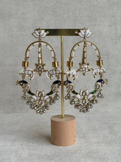 Ayura Designs Zoonpari Earrings – Ivory Pearl, Blue & Green Meenakari Peacock Chandeliers in Dual Tone with Ghungroos