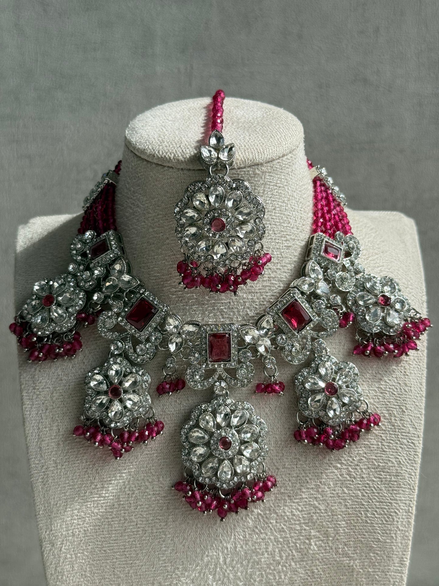 Ayura Designs Zarghuna Set with Jhumkis & Tikka – Fuchsia Beads, Mirror-Cut Stones & Silver Finish