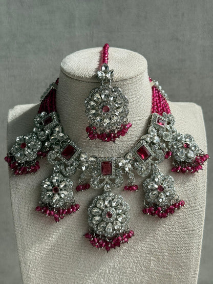 Ayura Designs Zarghuna Set with Jhumkis & Tikka – Fuchsia Beads, Mirror-Cut Stones & Silver Finish
