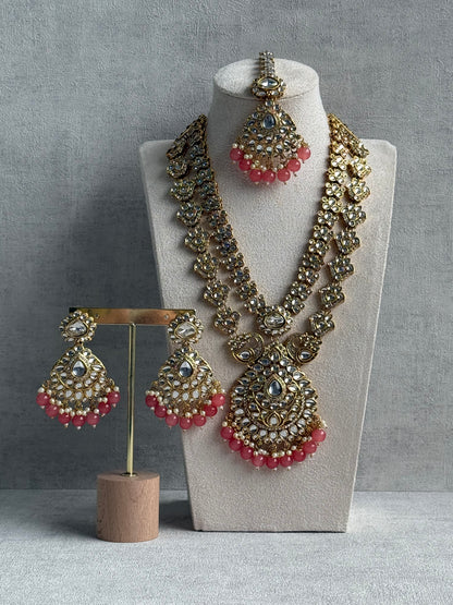 Ayura Designs Javeria Set with Earrings & Tikka – Peach Beads, Mirror Kundan & Gold Finish