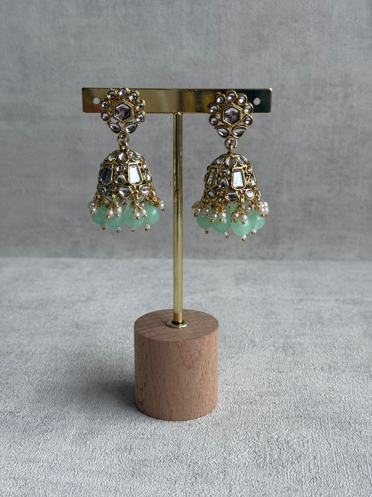 Ayura Designs Shaheen Set with Jhumkis & Tikka – Pistachio Green Beads, Mirror Kundan & Gold Finish