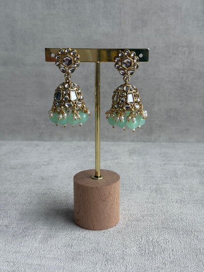 Ayura Designs Shaheen Set with Jhumkis & Tikka – Pistachio Green Beads, Mirror Kundan & Gold Finish