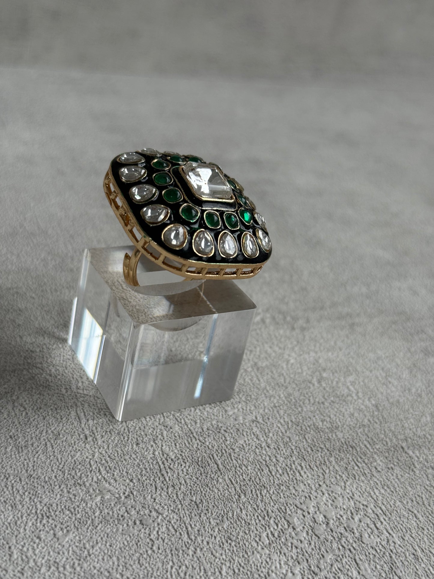 Ayura Designs Arzoo Adjustable Ring – Mirror-Cut Stone Centre with Emerald Green Stones, Green Enamel & Crystal Detailing