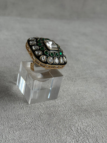 Ayura Designs Arzoo Adjustable Ring – Mirror-Cut Stone Centre with Emerald Green Stones, Green Enamel & Crystal Detailing