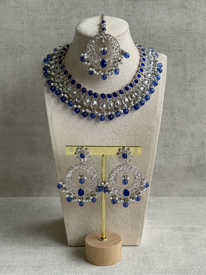Ayura Designs Rija Set – Necklace, Earrings & Tikka with Ink Blue Beads, Mirror-Cut Stones & Silver Finish