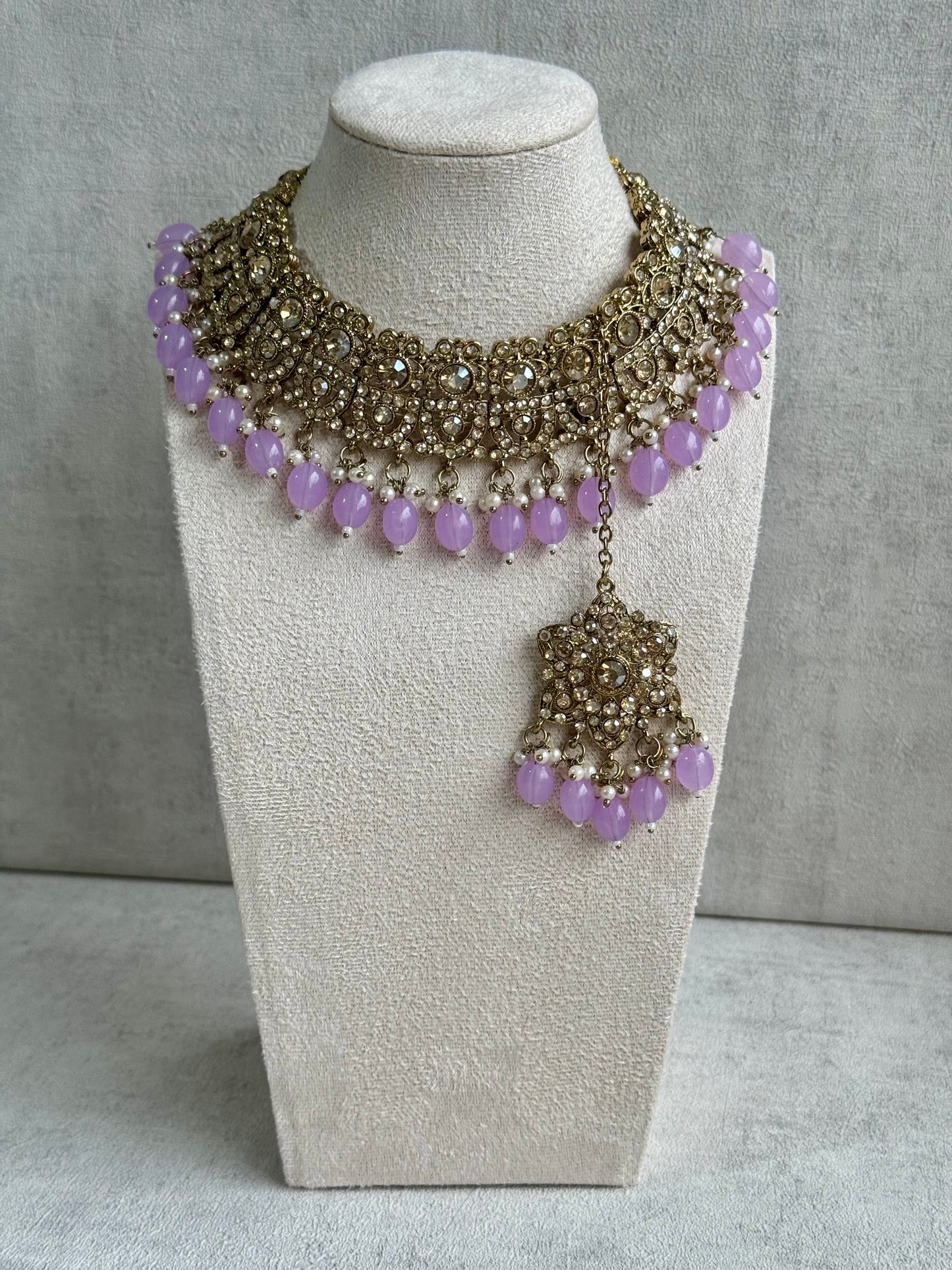 Ayura Designs Siya Set with Jhumkis & Tikka – Champagne-Toned Beauty with Lilac Beads