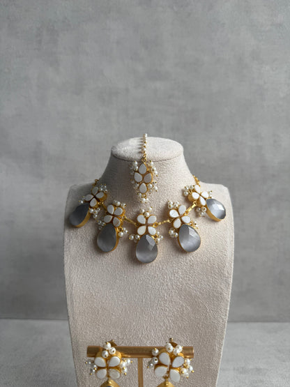 Ayura Designs Arianell Set with Necklace, Earrings & Tikka – Moonstone Grey Drops, Floral Motifs & Pearls